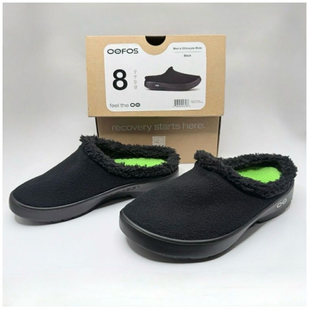 OOFOS OOcoozie Sherpa Mule Mens Size 8 EU 41 Recovery Clogs in Black, NWT